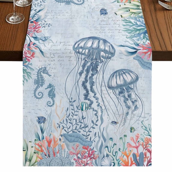 Table Runners 48 Inches Long Dress Scarves, Blue Jellyfish Coastal Farmhouse Kitchen/Dining Table Runner, Short Coffee Tablerunners, Beach Nautical Ocean Coral Seahorse 13x48 Inch