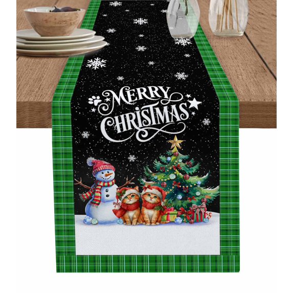 Table Runners 48 Inches Long Dress Scarves, Christmas Cat Snowman Farmhouse Kitchen/Dining Table Runner, Short Coffee Tablerunners, Green Buffalo Plaid Winter Snowflake 13x48 Inch