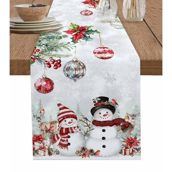 Table Runners 48 Inches Long Dress Scarves, Christmas Snowman Farmhouse Kitchen/Dining Table Runner, Short Coffee Tablerunners, Xmas Balls Elk Botanical Grey 13x48 Inch