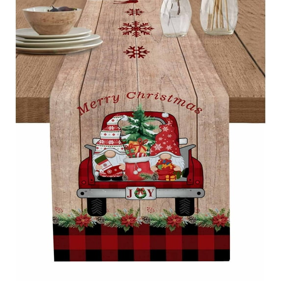 Table Runners 48 Inches Long Dress Scarves, Christmas Truck Gnomes Farmhouse Kitchen/Dining Table Runner, Short Coffee Tablerunners, Red Black Plaid Xmas Tree Wooden 13x48 Inch