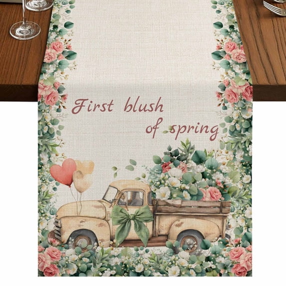Table Runners 48 Inches Long Dress Scarves, Eucalyptus Trucks Farmhouse Kitchen/Dining Table Runner, Short Coffee Tablerunners, Spring Farmhouse Floral Leaves Burlap 13x48 Inch