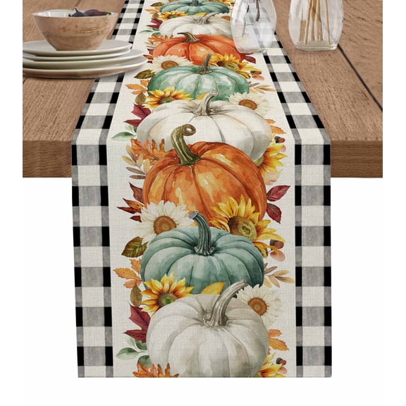 Table Runners 48 Inches Long Dress Scarves, Fall Farmhouse Kitchen/Dining Table Runner, Short Coffee Tablerunners, Orange Blue Pumpkins Thanksgiving Sunflower Leaf Plaid 13x48 Inch