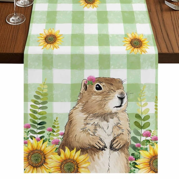 Table Runners 48 Inches Long Dress Scarves, Groundhog Day Farmhouse Kitchen/Dining Table Runner, Short Coffee Tablerunners, Green Plaid Sunflower Spring Floral 13x48 Inch