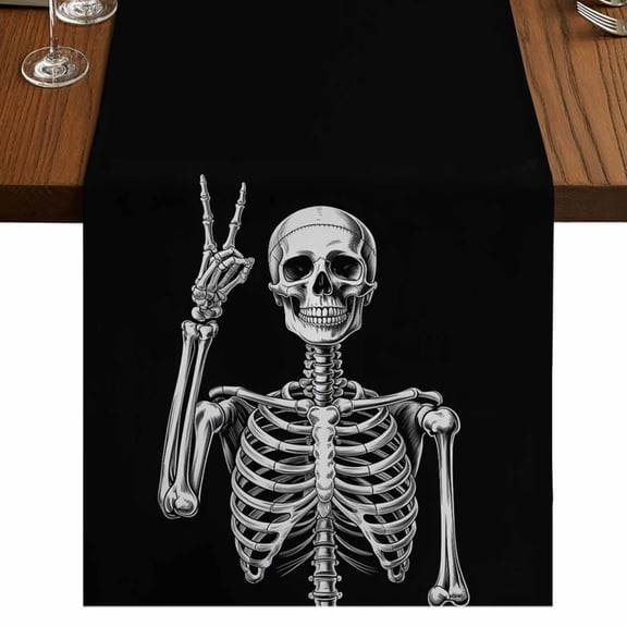 Table Runners 48 Inches Long Dress Scarves, Halloween Skeleton Farmhouse Kitchen Table Runner, Short Coffee Tablerunners, Retro Funny Skull Abstract Black 13x48 Inch