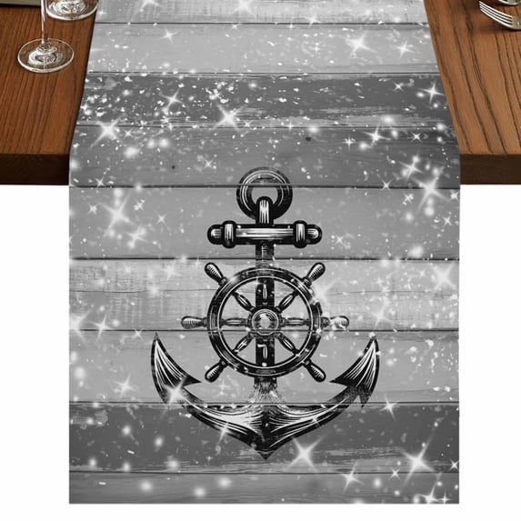 Table Runners 48 Inches Long Dress Scarves, Nautical Anchor Farmhouse Kitchen/Dining Table Runner, Short Coffee Tablerunners, Rudder Stars Retro Black Grey Wooden Grain 13x48 Inch