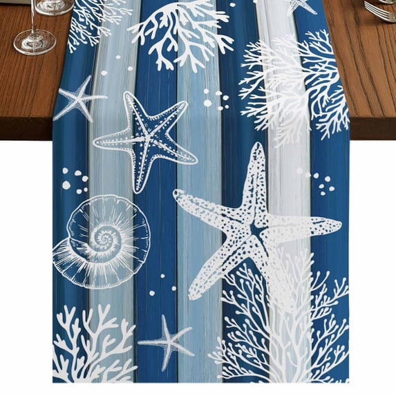 Table Runners 48 Inches Long Dress Scarves, Navy Blue Coastal Beach Farmhouse Kitchen/Dining Table Runner, Short Coffee Tablerunners, Nautical Starfish Coral Vintage Wooden 13x48 Inch