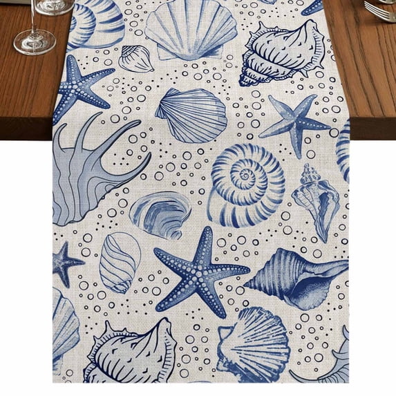 Table Runners 48 Inches Long Dress Scarves, Navy Blue Coastal Farmhouse Kitchen Table Runner, Short Coffee Tablerunners, Nautical Ocean Shell Starfish Sea Rustic 13x48 Inch