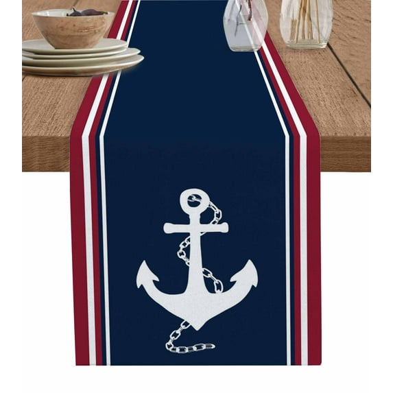 Table Runners 48 Inches Long Dress Scarves, Navy Blue Red Stripe Farmhouse Kitchen/Dining Table Runner, Short Coffee Tablerunners, Coastal Nautical Anchor Farmhouse 13x48 Inch