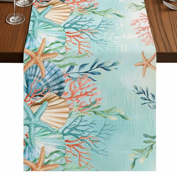Table Runners 48 Inches Long Dress Scarves, Ocean Starfish Seaweed Farmhouse Kitchen/Dining Table Runner, Short Coffee Tablerunners, Summer Coastal Beach Shell Coral Teal 13x48 Inch