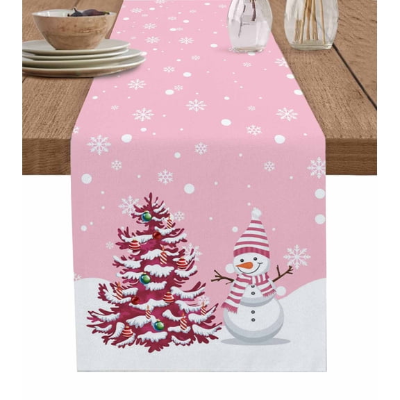 Table Runners 48 Inches Long Dress Scarves, Pink Christmas Farmhouse Kitchen/Dining Table Runner, Short Coffee Tablerunners, Winter Snowman Xmas Pine Tree Snowy 13x48 Inch