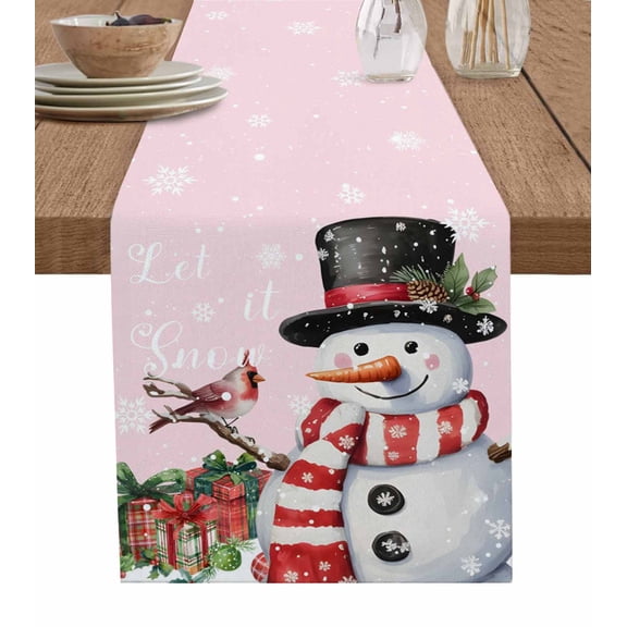Table Runners 48 Inches Long Dress Scarves, Pink Snowman Christmas Farmhouse Kitchen/Dining Table Runner, Short Coffee Tablerunners, Winter Snowflake Xmas Gifts 13x48 Inch