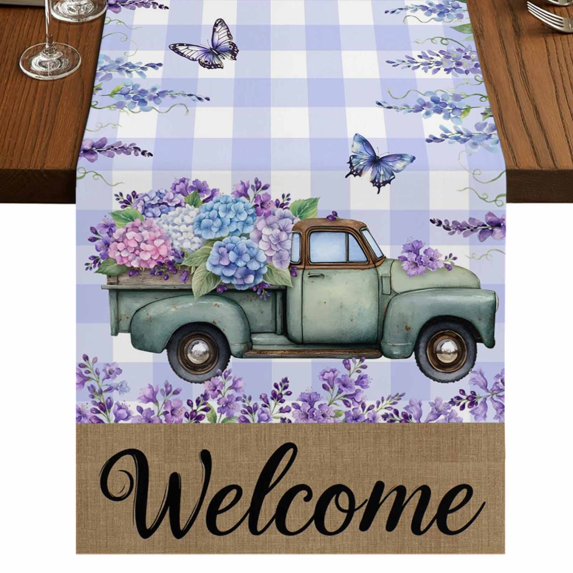 Table Runners 48 Inches Long Dress Scarves, Purple Flowers Farmhouse Kitchen/Dining Table Runner, Short Coffee Tablerunners, Weeping Spring Floral Truck Butterfly Checkered 13x48 Inch