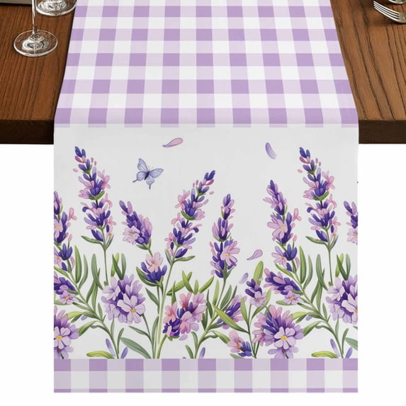 Table Runners 48 Inches Long Dress Scarves, Purple Lavenders Farmhouse Kitchen Table Runner, Short Coffee Tablerunners, Spring Floral Plaid Farmhouse Elegant 13x48 Inch