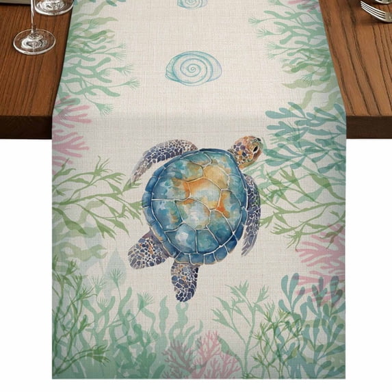 Table Runners 48 Inches Long Dress Scarves, Sea Turtle Coastal Farmhouse Kitchen/Dining Table Runner, Short Coffee Tablerunners, Blue Green Summer Beach Coral Ocean 13x48 Inch
