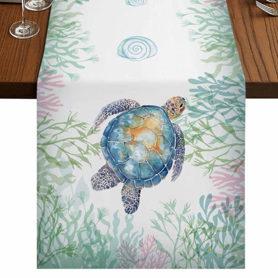 Table Runners 48 Inches Long Dress Scarves, Sea Turtle Coastal Farmhouse Kitchen/Dining Table Runner, Short Coffee Tablerunners, Blue Green Summer Beach Coral 13x48 Inch