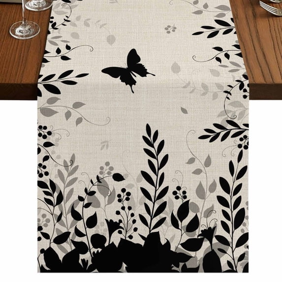 Table Runners 48 Inches Long Dress Scarves, Spring Botanical Farmhouse Kitchen/Dining Table Runner, Short Coffee Tablerunners, Black Eucalyptus Butterfly Rustic 13x48 Inch