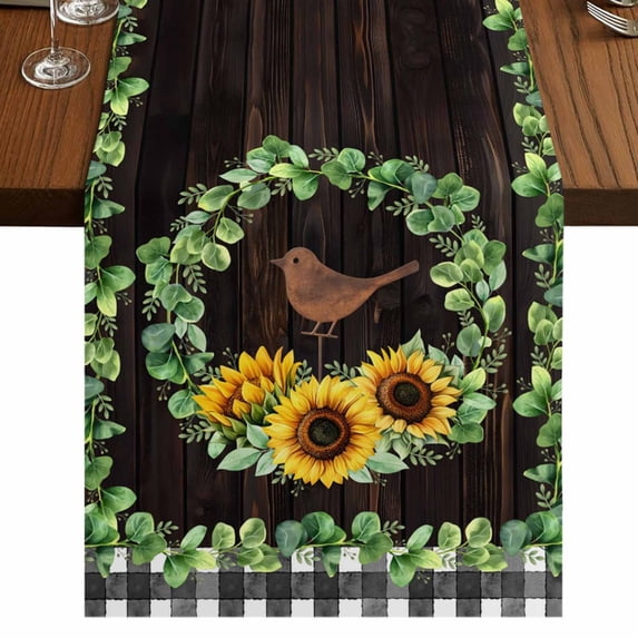 Table Runners 48 Inches Long Dress Scarves, Spring Eucalyptus Sunflower Farmhouse Kitchen/Dining Table Runner, Short Coffee Tablerunners, Farmhouse Birds Brown Wood 13x48 Inch