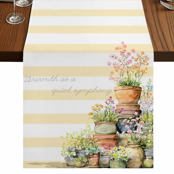 Table Runners 48 Inches Long Dress Scarves, Spring Flowers Farmhouse Kitchen/Dining Table Runner, Short Coffee Tablerunners, Country Botanical Budding Floral Pot Stripes 13x48 Inch