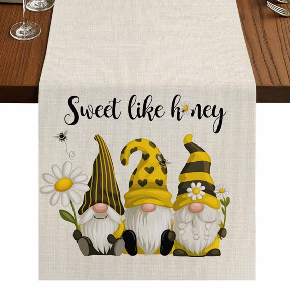 Table Runners 48 Inches Long Dress Scarves, Summer Gnomes Farmhouse Kitchen Table Runner, Short Coffee Tablerunners, Farmhouse Daisy Flower Bees on Linen 13x48 Inch