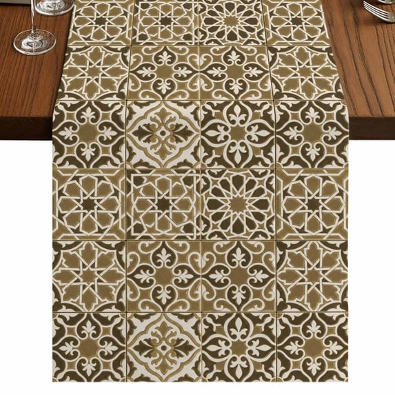 Table Runners 48 Inches Long Dress Scarves, Traditional Morocco Farmhouse Kitchen/Dining Table Runner, Short Coffee Tablerunners, Vintage Abstract Geometric Art Brown 13x48 Inch