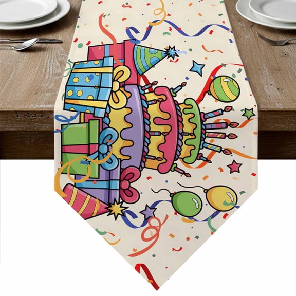 Table Runners 48 Inches Long, Happy Birthday Cotton Linen Kitchen Dining Coffee Table Runner for Party Home Decor, Ribbon Cake Balloon Cartoon Tabletop Dresser Scarves Runner Decor 13x48 Inch