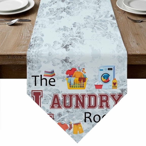 Table Runners 48 Inches Long, Laundry Room Cotton Linen Kitchen Dining Coffee Table Runner for Party Home Decor, Blue Cartoon Washing Machine Clothes Tabletop Dresser Scarves Runner 13x48 Inch
