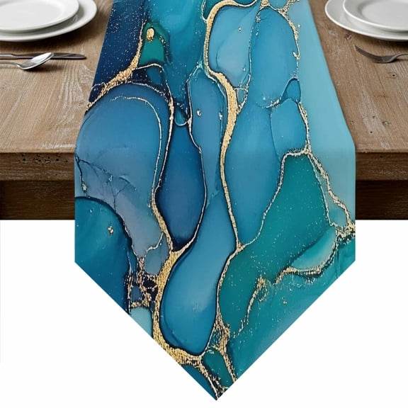 Table Runners 48 Inches Long, Modern Turquoise Cotton Linen Kitchen Dining Coffee Table Runner for Party Home Decor, Abstract Teal Gold Marble Textured Tabletop Dresser Scarves Runner 13x48 Inch