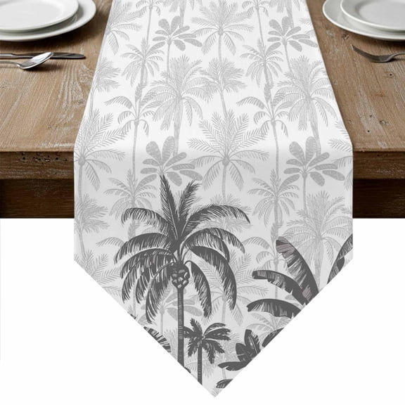 Table Runners 48 Inches Long, Palm Trees Cotton Linen Kitchen Dining Coffee Table Runner for Party Home Decor, Black Grey Tropical Plants Summer Forest Tabletop Dresser Scarves Runner 13x48 Inch
