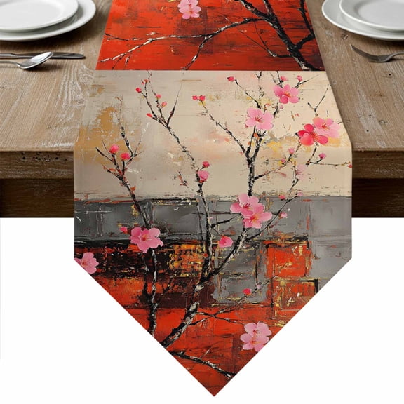 Table Runners 48 Inches Long, Plum Blossom Cotton Linen Kitchen Dining Coffee Table Runner for Party Home Decor, Retro Flowers Country Nostalgic Tabletop Dresser Scarves Runner Decor 13x48 Inch