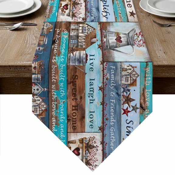 Table Runners 48 Inches Long, Rustic Star Farm Cotton Linen Kitchen Dining Coffee Table Runner for Party Home Decor, American Country Berry Wood Grain Tabletop Dresser Scarves Runner 13x48 Inch