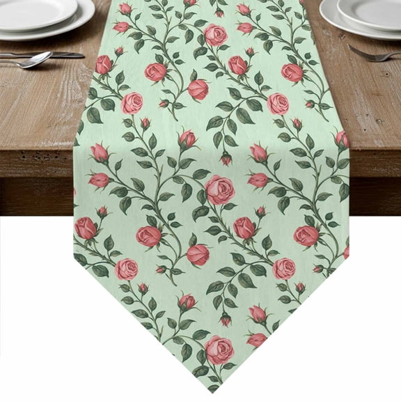 Table Runners 48 Inches Long, Spring Roses Botanical Cotton Linen Kitchen Dining Coffee Table Runner for Party Home Decor, Farmhouse Floral Green Tabletop Dresser Scarves Runner Decor 13x48 Inch