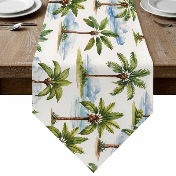 Table Runners 48 Inches Long, Summer Palm Trees Cotton Linen Kitchen Dining Coffee Table Runner for Party Home Decor, Pastoral Botanical Tropical Plants Tabletop Dresser Scarves Runner 13x48 Inch