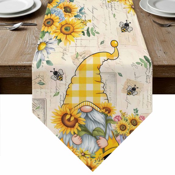 Table Runners 48 Inches Long, Sunflower Bee Cotton Linen Kitchen Dining Coffee Table Runner for Party Home Decor, Summer Gnomes Hydrangea Floral Tabletop Dresser Scarves Runner Decor 13x48 Inch
