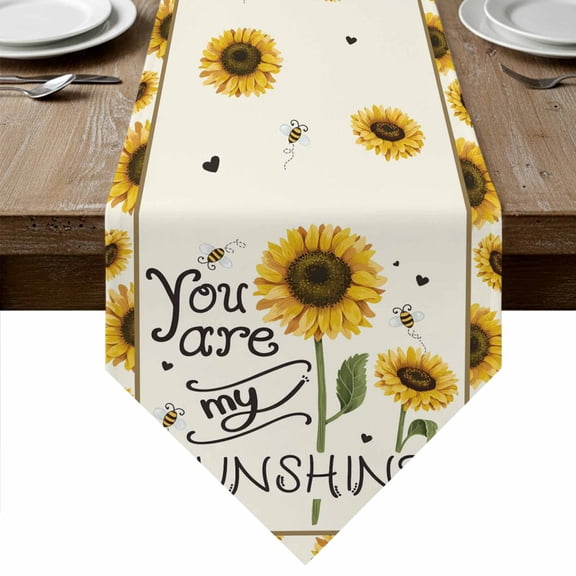 Table Runners 48 Inches Long, Sunflower Cotton Linen Kitchen Dining Coffee Table Runner for Party Home Decor, Sunshine Bee Country Farm Floral Bee Tabletop Dresser Scarves Runner Decor 13x48 Inch