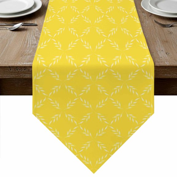 Table Runners 48 Inches Long, Yellow Morocco Cotton Linen Kitchen Dining Coffee Table Runner for Party Home Decor, Geometric Leaf Diamond Lattice Abstract Tabletop Dresser Scarves Runner 13x48 Inch