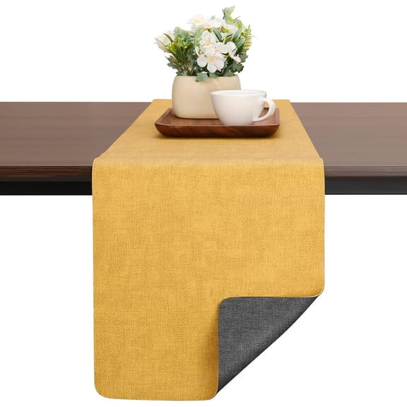 Table Runners 55 Inches Long, Dual-Sided Faux Leather Farmhouse Table Runner Waterproof Heatproof Non-Slip for Living Room Party Home Decor Holiday Decorations(Gray Yellow, 12 x 55 Inch)