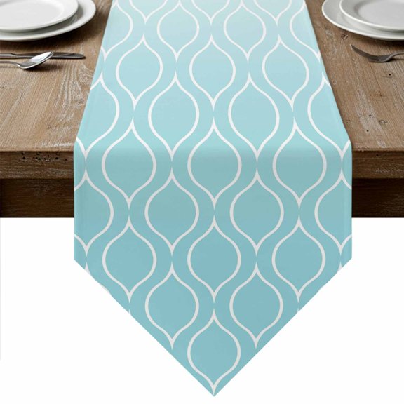 Table Runners 60 Inches Long, Blue Morocan Cotton Linen Kitchen Dining Coffee Table Runner for Party Home Decor, Abstract Ombre Geometric Check Modern Tabletop Dresser Scarves Runner 13x60 Inch