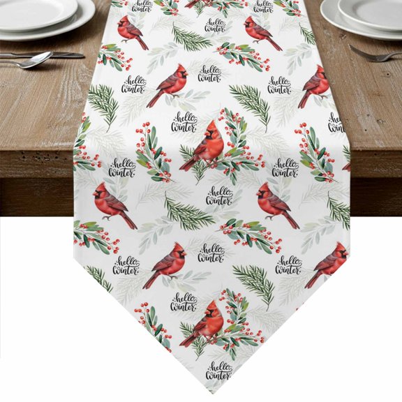 Table Runners 60 Inches Long, Cardinal Bird Cotton Linen Kitchen Dining Coffee Table Runner for Party Home Decor, Berry Holly Branches Winter Plants Tabletop Dresser Scarves Runner Decor 13x60 Inch