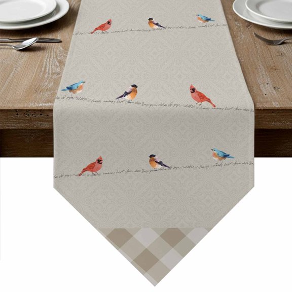Table Runners 60 Inches Long, Christmas Cardinal Cotton Linen Kitchen Dining Coffee Table Runner for Party Home Decor, Vintage Winter Birds Brown Plaid Tabletop Dresser Scarves Runner 13x60 Inch