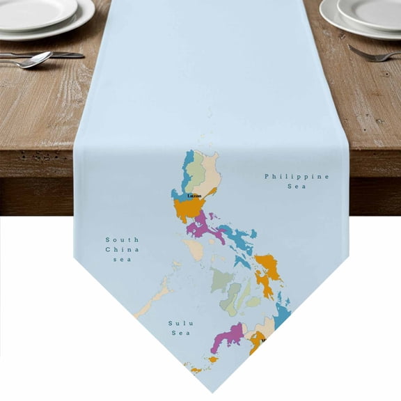 Table Runners 60 Inches Long, Colorful Map Cotton Linen Kitchen Dining Coffee Table Runner for Party Home Decor, Modern Abstract Minimalist Illustration Art Tabletop Dresser Scarves 13x60 Inch