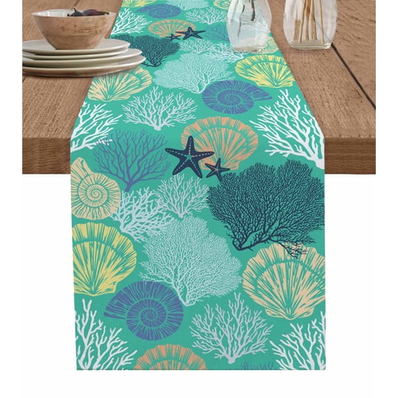 Table Runners 60 Inches Long Dress Scarves, Aqua Gray Shell Coral Farmhouse Kitchen/Dining Table Runner, Small Coffee Tablerunners, Coastal Summer Beach Nautical Ocean 13x60 Inch