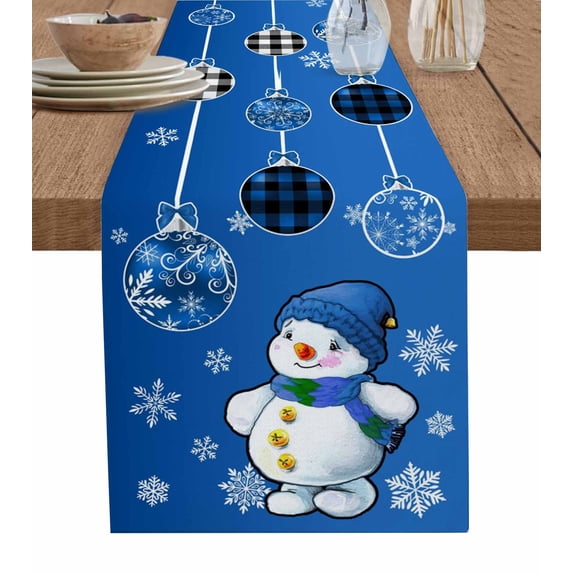 Table Runners 60 Inches Long Dress Scarves, Blue Snowman Christmas Farmhouse Kitchen/Dining Table Runner, Small Coffee Tablerunners, Xmas Ball Snowflake Winter 13x60 Inch