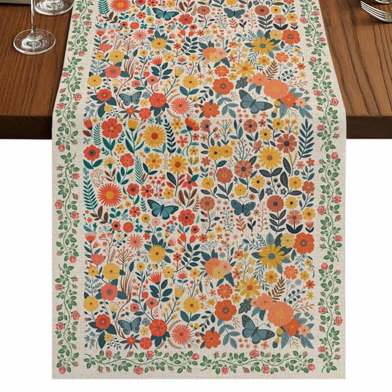 Table Runners 60 Inches Long Dress Scarves, Boho Beige Flowers Farmhouse Kitchen/Dining Table Runner, Small Coffee Tablerunners, Spring Abstract Watercolor Floral Leaf 13x60 Inch