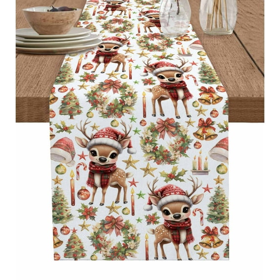 Table Runners 60 Inches Long Dress Scarves, Christmas Farmhouse Kitchen/Dining Table Runner, Small Coffee Tablerunners, Elk Xmas Tree Wreath Balls Bell 13x60 Inch