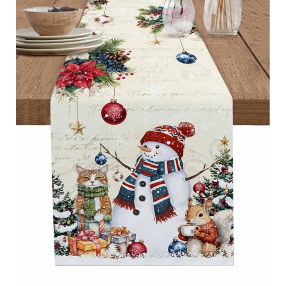 Table Runners 60 Inches Long Dress Scarves, Christmas Farmhouse Kitchen/Dining Table Runner, Small Coffee Tablerunners, Snowman Poinsettia Pine Tree Branch Squirrel Cat 13x60 Inch