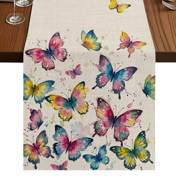 Table Runners 60 Inches Long Dress Scarves, Colorful Butterfly Farmhouse Kitchen/Dining Table Runner, Small Coffee Tablerunners, Elegant Pastoral Butterflies Rustic Watercolor 13x60 Inch