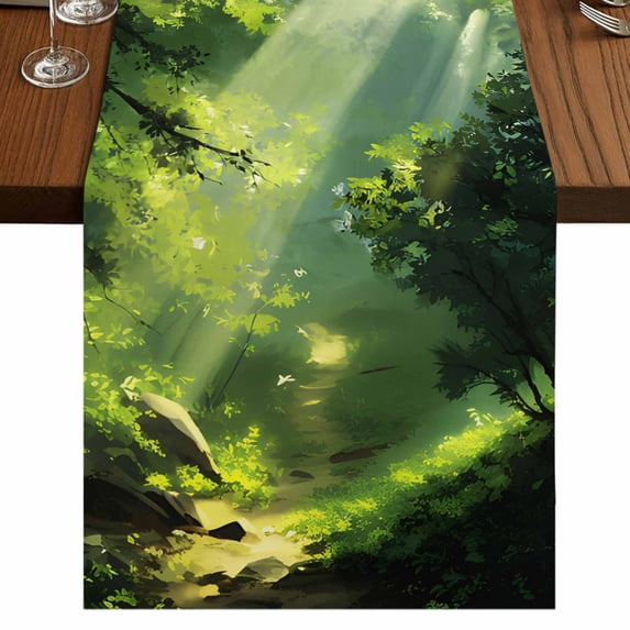 Table Runners 60 Inches Long Dress Scarves, Green Forest Farmhouse Kitchen/Dining Table Runner, Small Coffee Tablerunners, Nature Spring Scenic Woodland 13x60 Inch