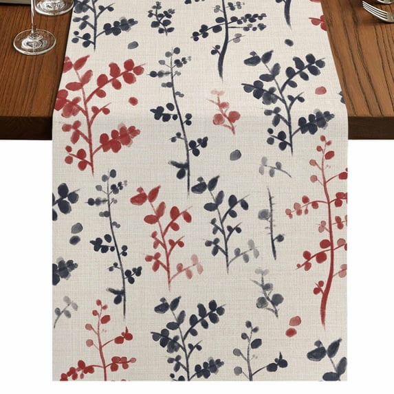 Table Runners 60 Inches Long Dress Scarves, Grey Red Botanical Farmhouse Kitchen/Dining Table Runner, Small Coffee Tablerunners, Rustic Country Spring Floral Summer Leaf 13x60 Inch