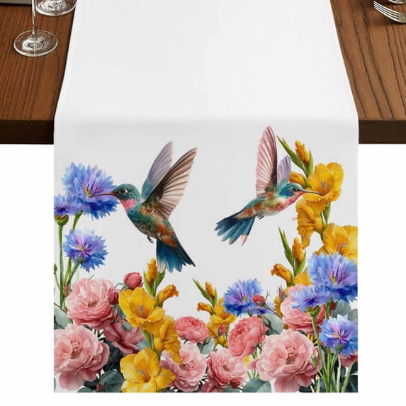 Table Runners 60 Inches Long Dress Scarves, Hummingbirds Farmhouse Kitchen/Dining Table Runner, Small Coffee Tablerunners, Spring Summer Watercolor Flowers Plant 13x60 Inch