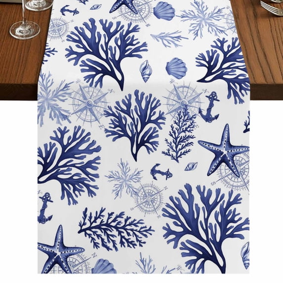 Table Runners 60 Inches Long Dress Scarves, Navy Blue Coastal Farmhouse Kitchen/Dining Table Runner, Small Coffee Tablerunners, Coral Starfish Seaside Summer Beach 13x60 Inch